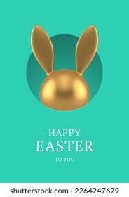 Happy Easter modern 3d greeting card golden bunny bauble hiding at hole design template realistic vector illustration. Rabbit toy with long ears religious holiday animal character festive congrats