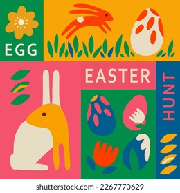 Happy Easter.  Modern abstract hand drawn style.   Easter eggs, rabbit. Vector Easter for a poster, cover, or postcard.