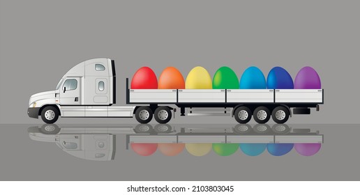 Happy easter. A modern American truck with a semi-trailer is carrying eggs for the holiday. Reflection on the ground.