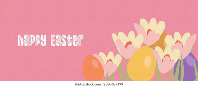 Happy Easter! Modern art minimalist style. Happy Easter banner, poster, greeting card. Easter minimalist design with typography, flowers, bunnies and eggs in pastel colors.