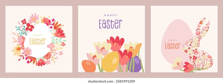 Happy Easter! Modern art minimalist style. Happy Easter banner, poster, greeting card. Easter minimalist design with typography, flowers, bunnies and eggs in pastel colors.