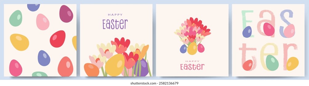 Happy Easter! Modern art minimalist style. Happy Easter banner, poster, greeting card. Easter minimalist design with typography, flowers and eggs in pastel colors.