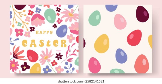 Happy Easter! Modern art minimalist style. Happy Easter banner, poster, greeting card. Easter minimalist design with typography, flowers, bunnies and eggs in pastel colors.