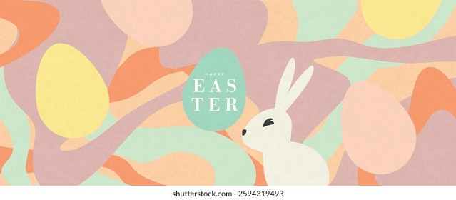 Happy Easter! Modern art minimalist style. Happy Easter banner, poster, greeting card. Easter minimalist design with typography, flowers, bunnies and eggs in pastel colors.