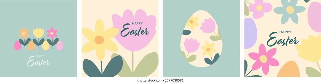 Happy Easter! Modern art minimalist style. Happy Easter banner, poster, greeting card. Easter minimalist design with typography, flowers and eggs in pastel colors.