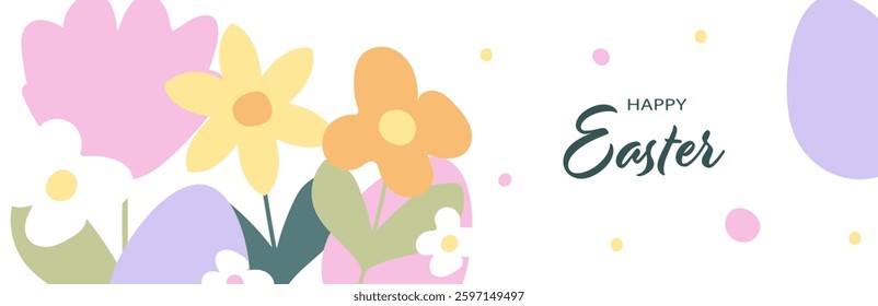 Happy Easter! Modern art minimalist style. Happy Easter banner, poster, greeting card. Easter minimalist design with typography, flowers and eggs in pastel colors.