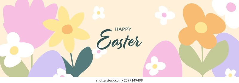 Happy Easter! Modern art minimalist style. Happy Easter banner, poster, greeting card. Easter minimalist design with typography, flowers and eggs in pastel colors.
