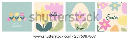 Happy Easter! Modern art minimalist style. Happy Easter banner, poster, greeting card. Easter minimalist design with typography, flowers and eggs in pastel colors.