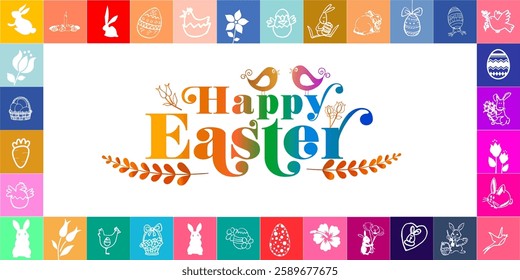 Happy Easter: Modern Easter Banner Background Design with Clip Art Elements, Eggs, Bunny, Signs, and Symbols.