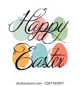 Happy Easter modern banner.  Colorful eggs beautiful lettering on white background. Holiday design for poster, greeting card. Vector illustration.