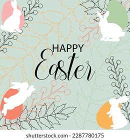 Happy Easter modern banner. White rabbit silhouette, colorful eggs and floral decorations on green background. Holiday design for poster, greeting card. Vector illustration.