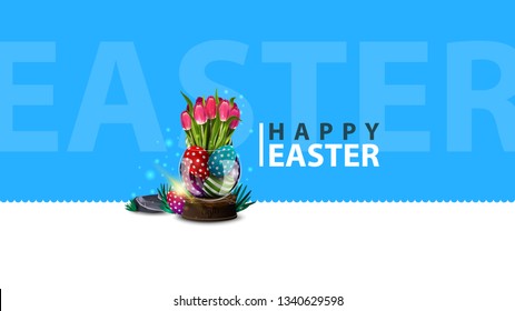 Happy Easter, modern blue horizontal postcard with vase with Easter eggs and tulips