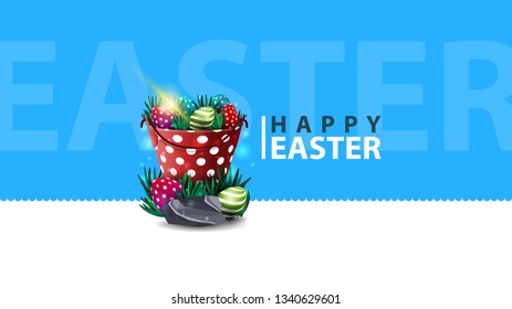 Happy Easter, modern blue horizontal postcard with bucket with Easter eggs