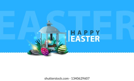 Happy Easter, modern blue horizontal postcard with antique lantern with Easter eggs