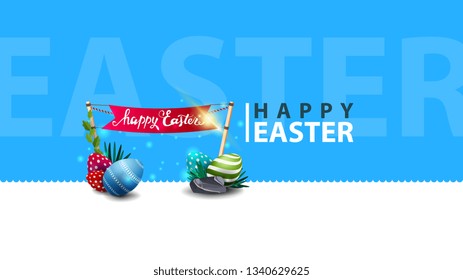 Happy Easter, modern blue horizontal postcard with Easter eggs and flag