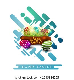 Happy Easter, modern blue template greeting postcard with geometric motion shapes and Easter eggs