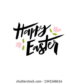 Happy Easter modern brush lettering with flower. Seasons greetings. Celebration text for postcard, greeting card, invitation, poster, banner. Vector illustration isolated on white background.