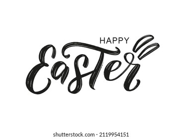 Feliz Pascua con el logo de las letras modernas del pincel aislado en blanco. Palabra de Pascua decorada con orejas conejadas. Feliz caligrafía de Pascua como afiche, pancarta, etiqueta, placa, etiqueta