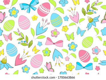 Happy Easter. Modern childish cute hand drawn vector seamless pattern in positive spring colors. Endless texture with flowers, leaves, decorated painted Easter eggs, butterfly, bows. Print. Wallpaper