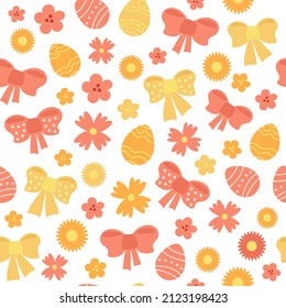 Happy Easter. Modern childish cute hand drawn vector seamless pattern in positive spring colors. Endless texture with flowers, Easter eggs, bows