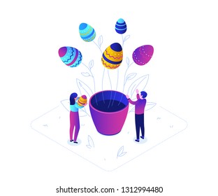 Happy Easter - modern colorful isometric vector illustration on white background. Bright unusual composition with male, female characters, decorated eggs growing in a flower pot, linear elements