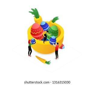 Happy Easter - modern colorful isometric vector illustration on white background. Bright unusual composition with male, female characters putting dyed decorated eggs into a pot, images of carrots