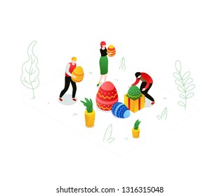 Happy Easter - modern colorful isometric vector illustration on white background. Bright unusual composition with male, female characters holding dyed eggs, celebrating the holiday. Images of carrots
