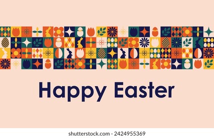 Happy Easter modern colorful mosaic banner with geometric shapes. Vector illustration