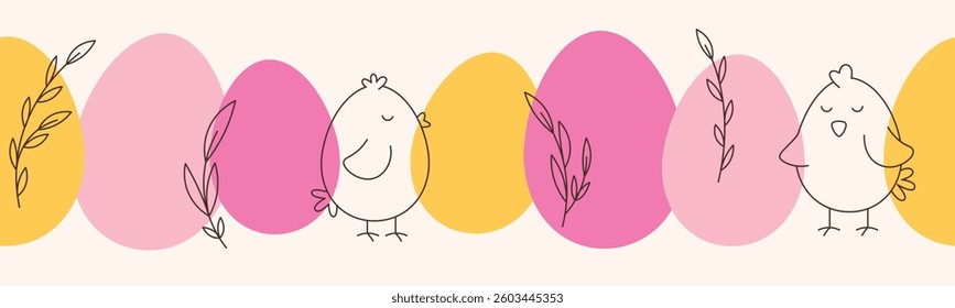 Happy Easter modern and colorful seamless pattern. Vector design with Easter eggs, chicken, leaves for banner, card or flyer.
