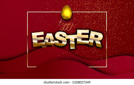 Happy Easter Modern design template. Golden Easter lettering with shiny egg and frame on red silky background.