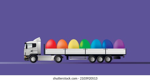 Happy Easter. A modern European truck with a semi-trailer is carrying eggs for the holiday. Very peri background. Flat vector illustration.