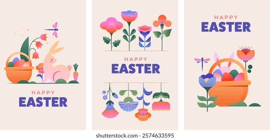 Happy Easter, Modern flat design with flowers, eggs and bunnies, pastel colors. Vector illustration