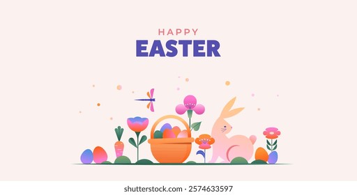 Happy Easter, Modern flat design with flowers, eggs and bunnies, pastel colors. Vector illustration