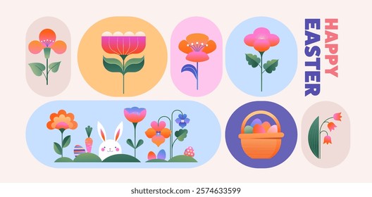 Happy Easter, Modern flat design with flowers, eggs and bunnies, pastel colors. Vector illustration