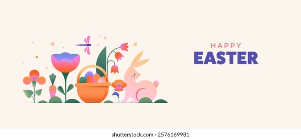 Happy Easter, Modern flat design with flowers, eggs and bunnies, pastel colors. Vector illustration