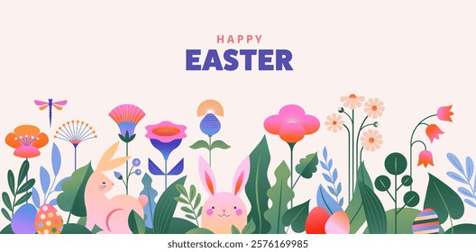 Happy Easter, Modern flat design with flowers, eggs and bunnies, pastel colors. Vector illustration