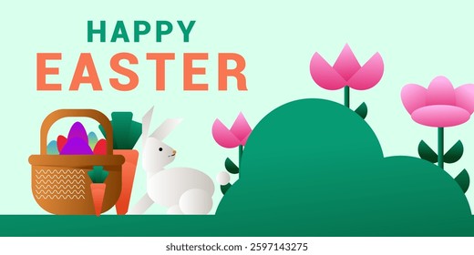 Happy Easter, Modern flat design with flowers, eggs and bunnies, pastel colors. Vector illustration