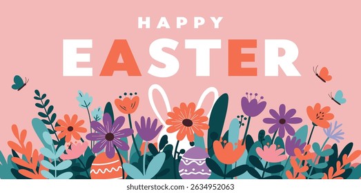 Happy Easter, Modern flat design with flowers, eggs and bunnies, pastel colors