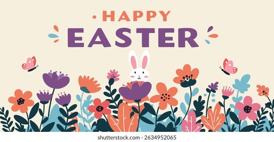 Happy Easter, Modern flat design with flowers, eggs and bunnies, pastel colors