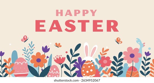 Happy Easter, Modern flat design with flowers, eggs and bunnies, pastel colors