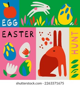 Happy Easter. Modern geometric hand drawn abstract style. A set of vector Easter illustrations. Easter eggs, rabbit other elements