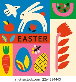 Happy Easter. Modern geometric hand drawn abstract style. A set of vector Easter illustrations. Easter eggs, rabbit other elements