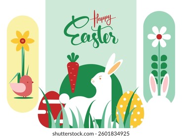 happy easter modern geometric shapes abstract background with typography, easter bunny, easter eggs, flowers and more