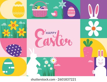 happy easter modern geometric shapes abstract background with calligraphy, easter bunny, easter eggs, flowers and more
