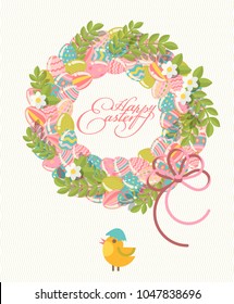 Happy Easter modern greeting card in pastel colors with colorful eggs, spring flowers and holidays objects.