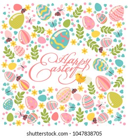 Happy Easter modern greeting card in pastel colors with colorful eggs, spring flowers and holidays objects.