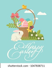 Happy Easter modern greeting card in pastel colors with colorful eggs, spring flowers and holidays objects.