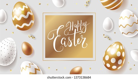 Happy Easter modern greeting card or banner design with golden and white ornate eggs, handwritten lettering and gold confetti on light background. - Vector illustration