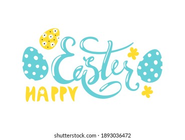 Alegre Pascua, moderno banner de vacaciones minimalista, letras caligráficas y huevos decorados en colores pastel. Ilustración vectorial plana aislada en fondo blanco