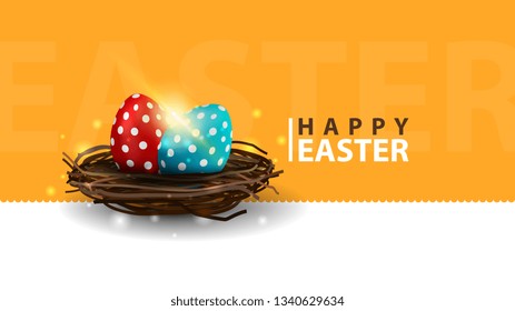 Happy Easter, modern orange horizontal postcard with Easter eggs in the nest
